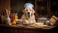 Enthusiastic dog chef in a cooking hat preparing nutritious meals for animals in the kitchen