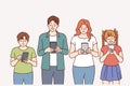 Enthusiastic family with mobile phones in hands stand in row and refuse real communication
