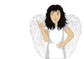 Enthusiastic girl angel with beautiful wings smiling and showing