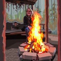 Enthusiastic girl with glasses sitting around a bonfire