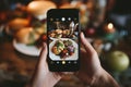 Enthusiastic Person taking photo tasty food. Generate Ai