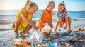 Enthusiastic student volunteers in school uniforms sorting recyclables and cleaning beach at sunset.