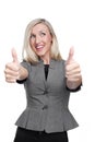 Enthusiastic young woman showing thumbs up