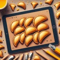 An enticing digital artwork featuring empanadas on a tablet, surrounded by art supplies Royalty Free Stock Photo
