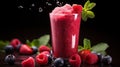 An enticing frozen red berry smoothie in an elegant, tall glass, surrounded by an array, AI generated Royalty Free Stock Photo