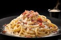 Enticing image of Spaghetti Carbonara on an antique table, with the silhouette of the Colosseum under a blue Roman sky.