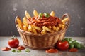 French Fries In Basket with Hot Tomato Sauce Royalty Free Stock Photo
