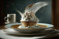 Cup of coffee with whipped cream and caramel on a wooden table