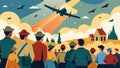 An entire community gathers to watch in amazement as vintage planes soar overhead their presence a tribute to the