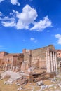 Forum of Augustus in Rome, Italy: view of the ruins of Temple of Mars Ultor Mars the Avenger and the wall towards the Suburra.