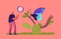 Entomologist Scientist or Amateur Character Search and Study Butterfly in Wild Nature and Fauna. Man with Magnifier