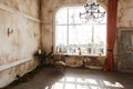 Entourage interior: wall, table and candles, crystal light, big window in an old scary abandoned house. Halloween