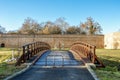 Entrance access to Zrinyi castle walls and outdoor park over a wooden bridge, Szigetvar, Hungary