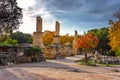 The entrance of ancient market agora with the ruins of the temple of Agrippa under the rock of Acropolis in Athens.