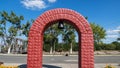 Entrance arch with bell to memorial to fallen liquidators, Chernobyl, Pripyat Royalty Free Stock Photo