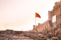 Entrance of Ayasoluk Castle with turkish flag and white board in Royalty Free Stock Photo