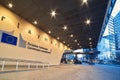 Entrance of the Berlaymont building, headquarters of the European Commission with the organization logo. Royalty Free Stock Photo