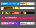 Entrance bracelet at concert event zone festival. Access id template design. Perfoming carnival or dance wristband design entrance Royalty Free Stock Photo