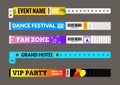 Entrance bracelet at concert event zone festival. Access id template design. Perfoming carnival or dance wristband design entrance