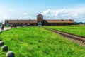 Entrance building and railway line of the former Auschwitz IIÃ¢â¬âBirkenau concentration camp