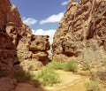 Entrance of a canyon in Wadi Rum protected area, Jordan, Middle East Royalty Free Stock Photo