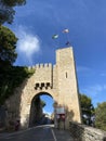 entrance of Castillo de Santa Catalina and Spanish flags on it, Andalusia, Spain Royalty Free Stock Photo