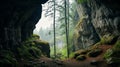 Mossy Cave With Trees: A Hazy Landscape Of Calming Symmetry