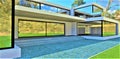 Entrance of the contemporary house. Wide massive concrete steps of the porch. Lot of panoramic glass. 3d rendering