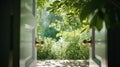 The entrance door is beautiful. There are light and shadow striking golden poles, look through the view of green trees Royalty Free Stock Photo