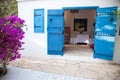 Entrance door blue colour of small church, Cyprus, June 2019 Royalty Free Stock Photo