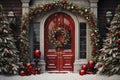 Entrance door with a Christmas wreath and Christmas trees Royalty Free Stock Photo