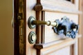 Entrance door handle with keyhole. Close up view Royalty Free Stock Photo