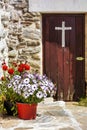 The entrance door of Orthodox monastery Saints Asomatos in Penteli, a mountain to the north of Athens in Greece Royalty Free Stock Photo