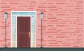 Entrance door on the red brick wall with lanterns. Bright vector illustration. Royalty Free Stock Photo