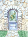 The entrance door to the fairy house. Stone wall and floral stained glass window. Stone path and lawn. Made with watercolors and Royalty Free Stock Photo