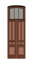 Entrance double door, thin brown wooden portal with glass windows. Entry front doorway, european style design