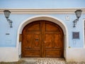 Entrance of the evangelical parish in a monument building. Royalty Free Stock Photo