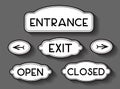 Entrance, exit, open, closed text and arrows signs Royalty Free Stock Photo