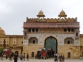 Entrance gate of elephants carrying tourists at Amber fort in Jaipur, India