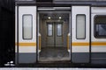 Entrance hall of a Russian suburban train with no people. Interior view.