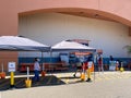 Entrance at The Home Depot during COVID-19 pandemic. Coronavirus virus social distancing.