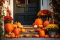 entrance of a house decorated with pumpkins for thanksgiving