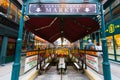 Entrance of Hungarian shopping market in basement on Vaci Street in Budapest, Hungary