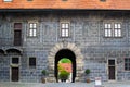 Entrance in the main wall of the State Castle of Cesky Krumlov or Cesky Krumlov Castle, with a stone arch Czech Republic