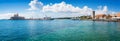 Entrance into Mandraki harbor in City of Rhodes, PANORAMA Rhode Royalty Free Stock Photo