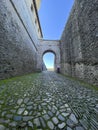 entrance of the medieval castle of Torrechiara in Parma defensive walls
