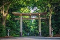 Entrance at Meiji-jingu temple in Central, Japan. Royalty Free Stock Photo