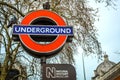 Sign of underground train station at the entrance of Natural History Museum, London Royalty Free Stock Photo