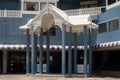 The entrance of an old hotel,shot from a public place