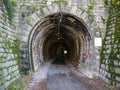 .Entrance in old long pedestrian tunnel made of stone blocks with moss with asphalt footpath in the middle facade view